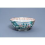 A large Chinese export famille rose 'hunting' bowl, Qianlong