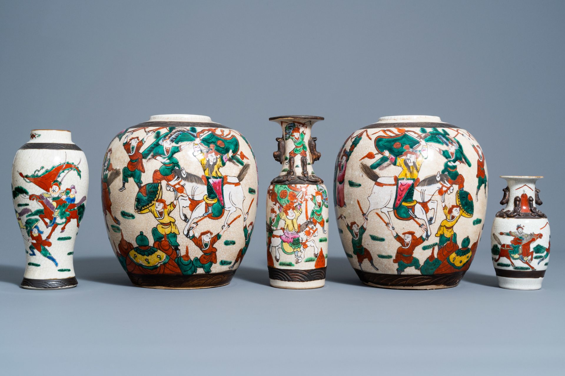 Three Chinese Nanking crackle glazed famille rose vases and a pair of ginger jars with warrior scene - Image 3 of 8