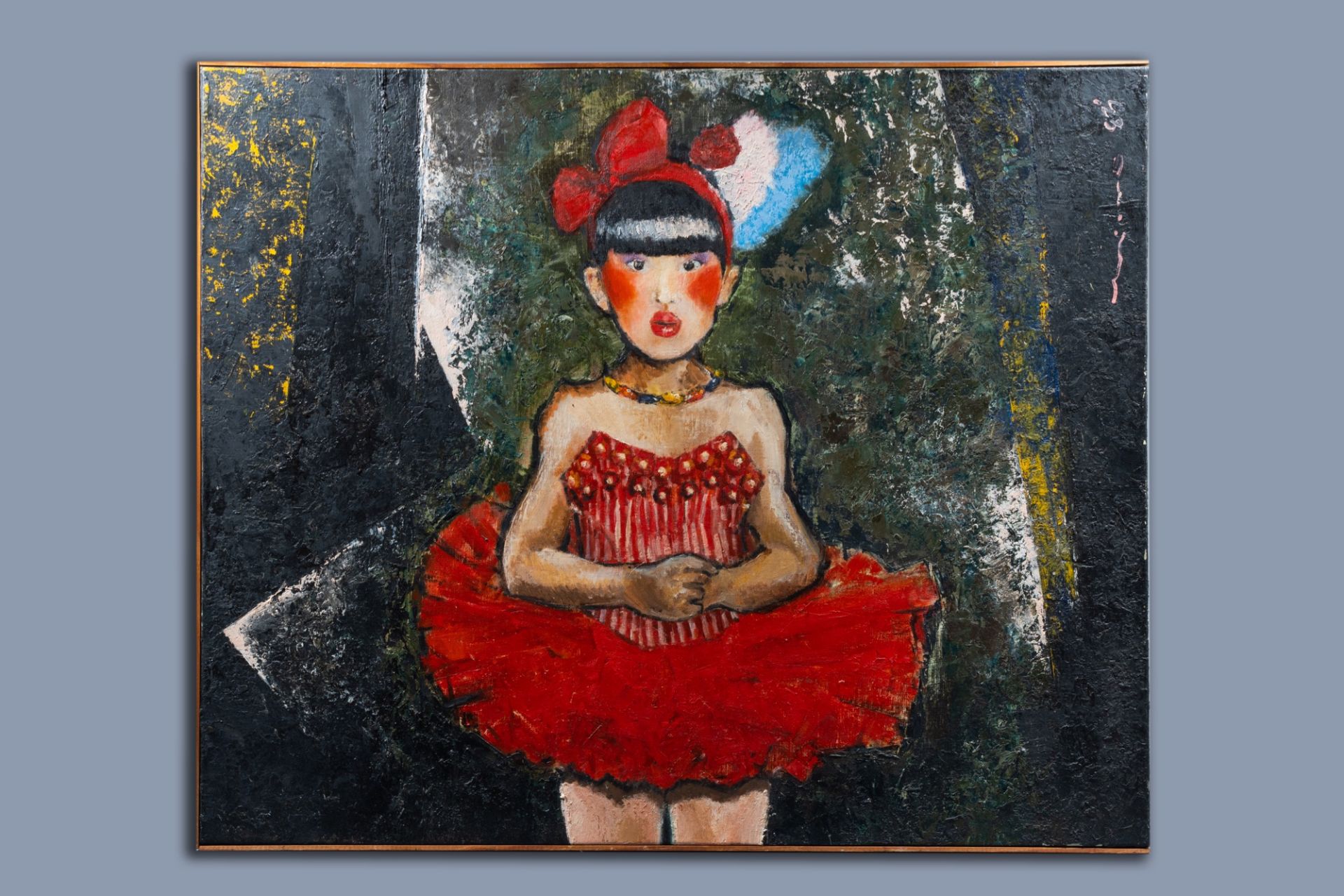 French-Japanese school, illegibly signed: Moulin Rouge dancer, oil on canvas, dated (19)83 - Image 2 of 3
