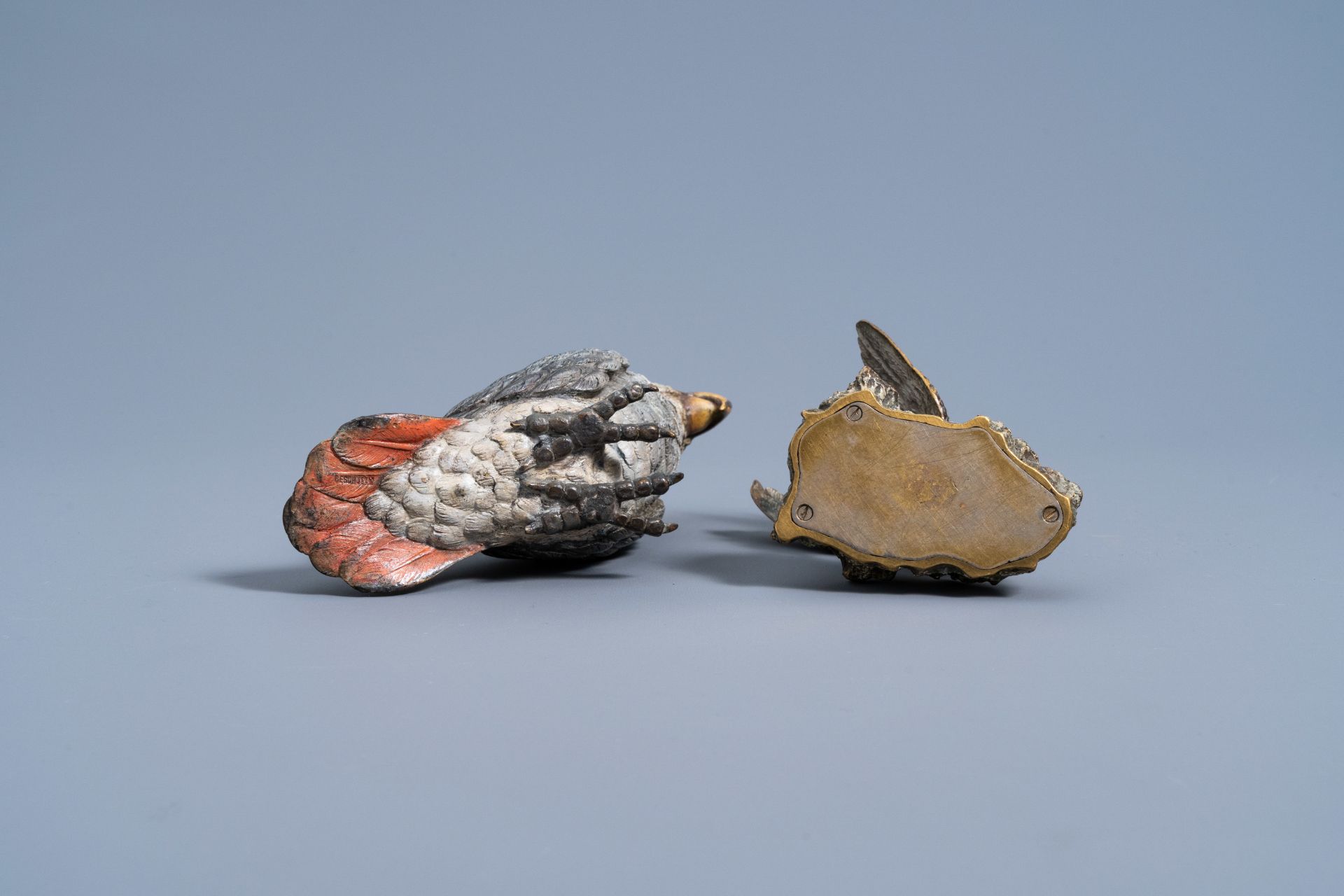 A Viennese polychrome cold painted bronze figure of an African grey parrot and a bird on a rock, 19t - Image 7 of 8