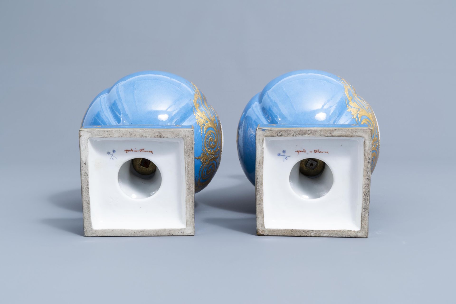 A pair of French gold layered 'bleu celeste' ground vases and covers in the Svres manner and an Emp - Image 7 of 14