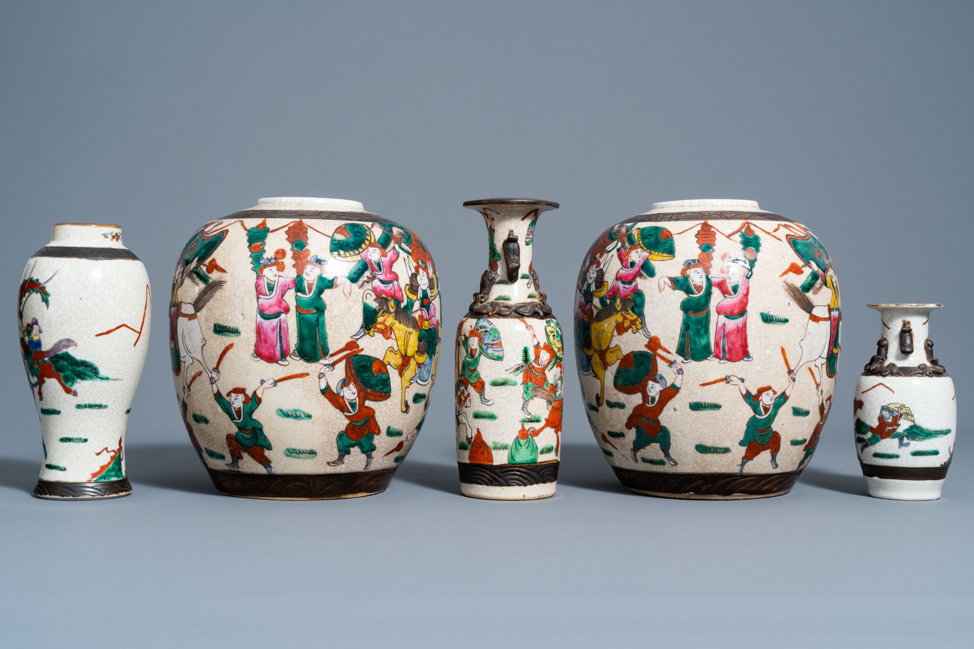 Three Chinese Nanking crackle glazed famille rose vases and a pair of ginger jars with warrior scene - Image 4 of 8