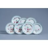 Seven Chinese famille rose saucer plates with floral design, Qianlong