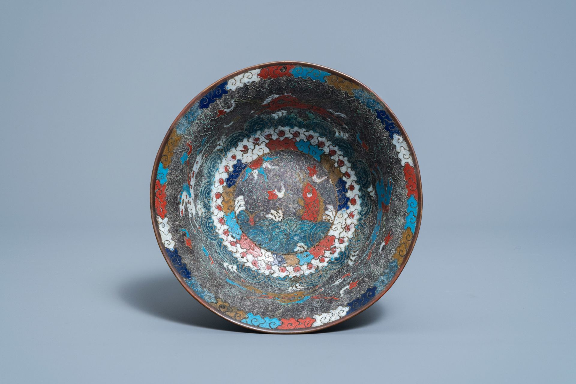 A Chinese cloisonnŽ 'Three friends of winter' bowl, Ming - Image 7 of 8