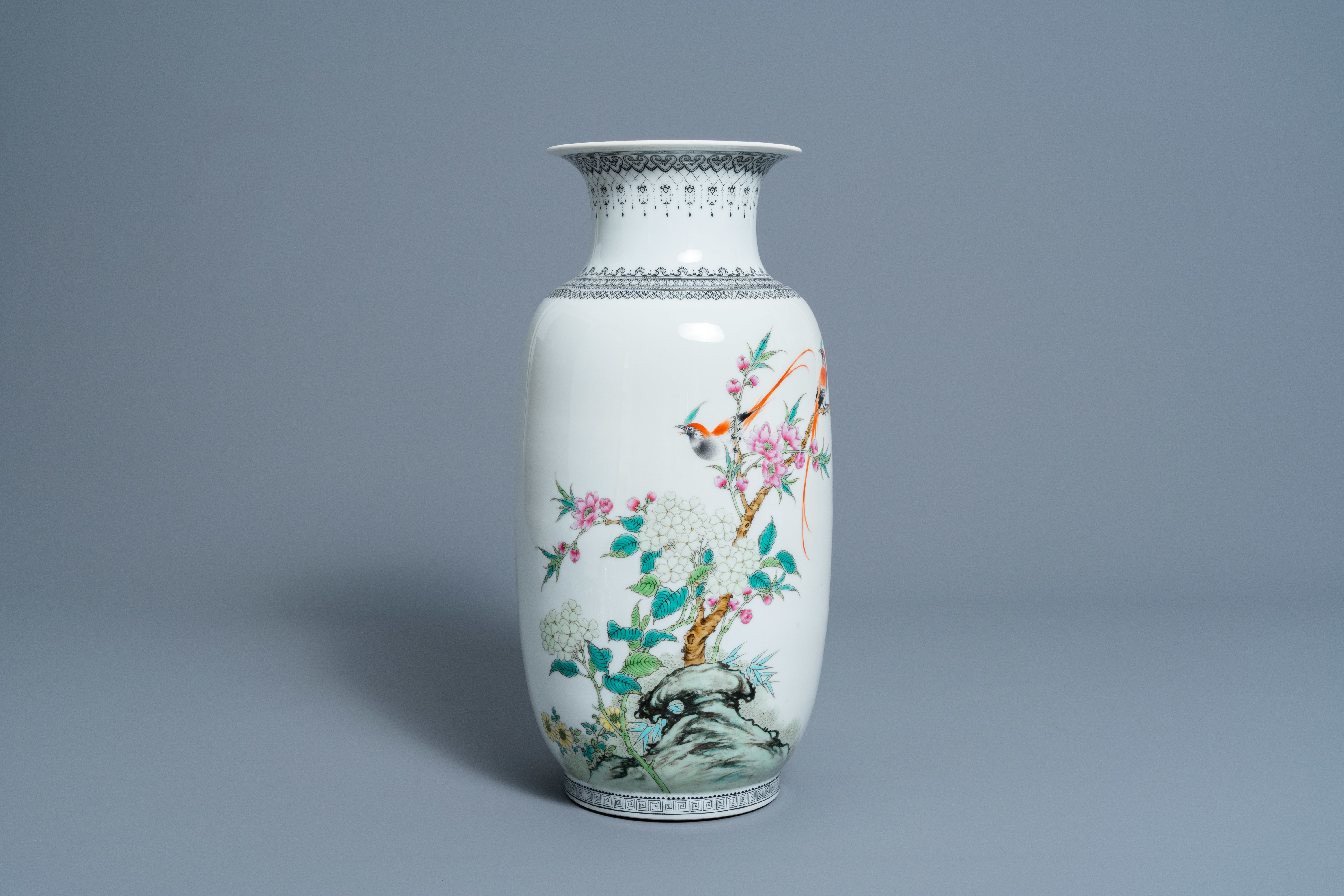 A Chinese famille rose vase with birds among blossoming branches, Republic, 20th C. - Image 5 of 7