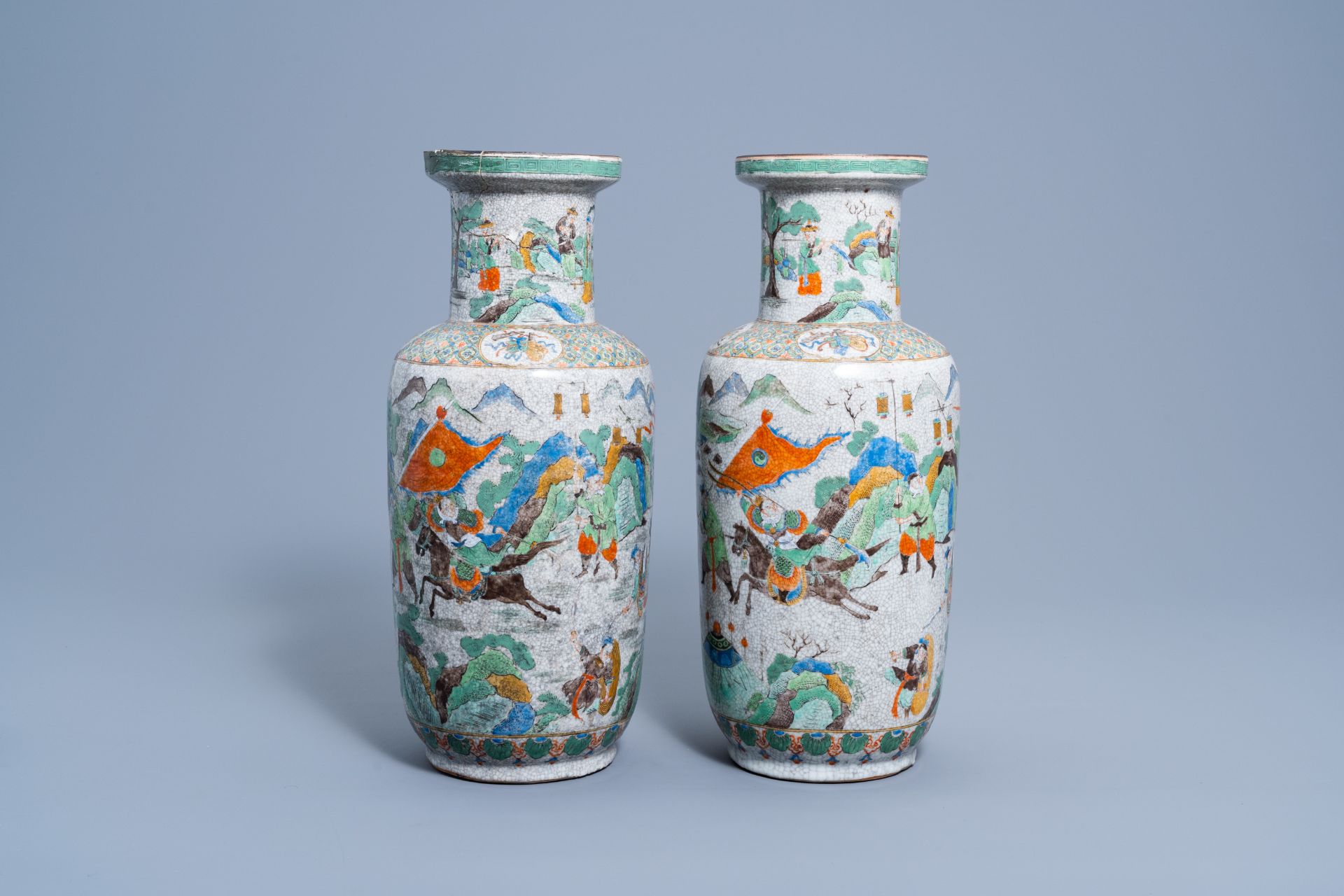 A pair of Chinese Nanking craquelŽ famille verte 'warrior' vases, 19th C. - Image 3 of 6