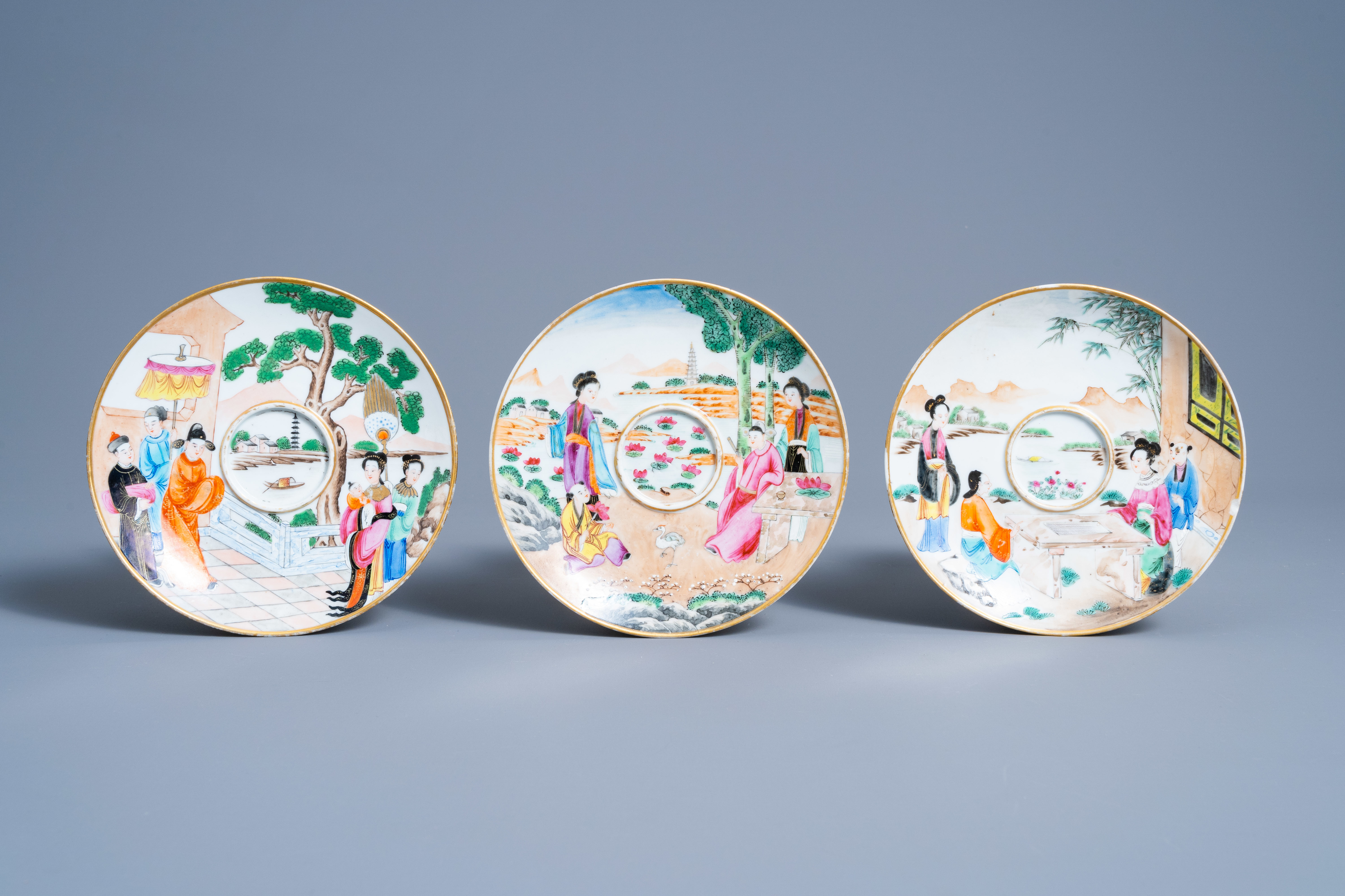 Three Chinese Canton famille rose cups and saucers with figures in a landscape, 19th C. - Image 3 of 10