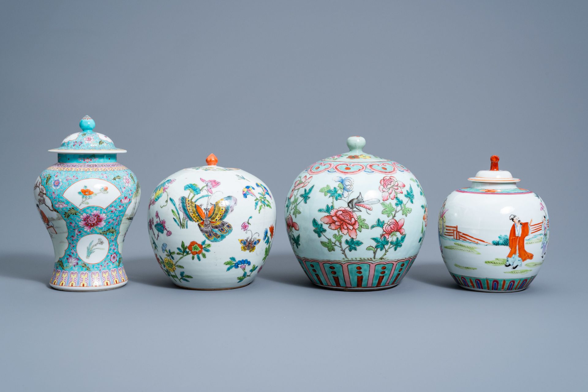 Four various Chinese famille rose jars and vases and covers with insects among blossoming branches a - Image 5 of 9