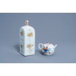 A Chinese verte-Imari teapot and cover with floral design and a tea caddy with gilt floral design, K