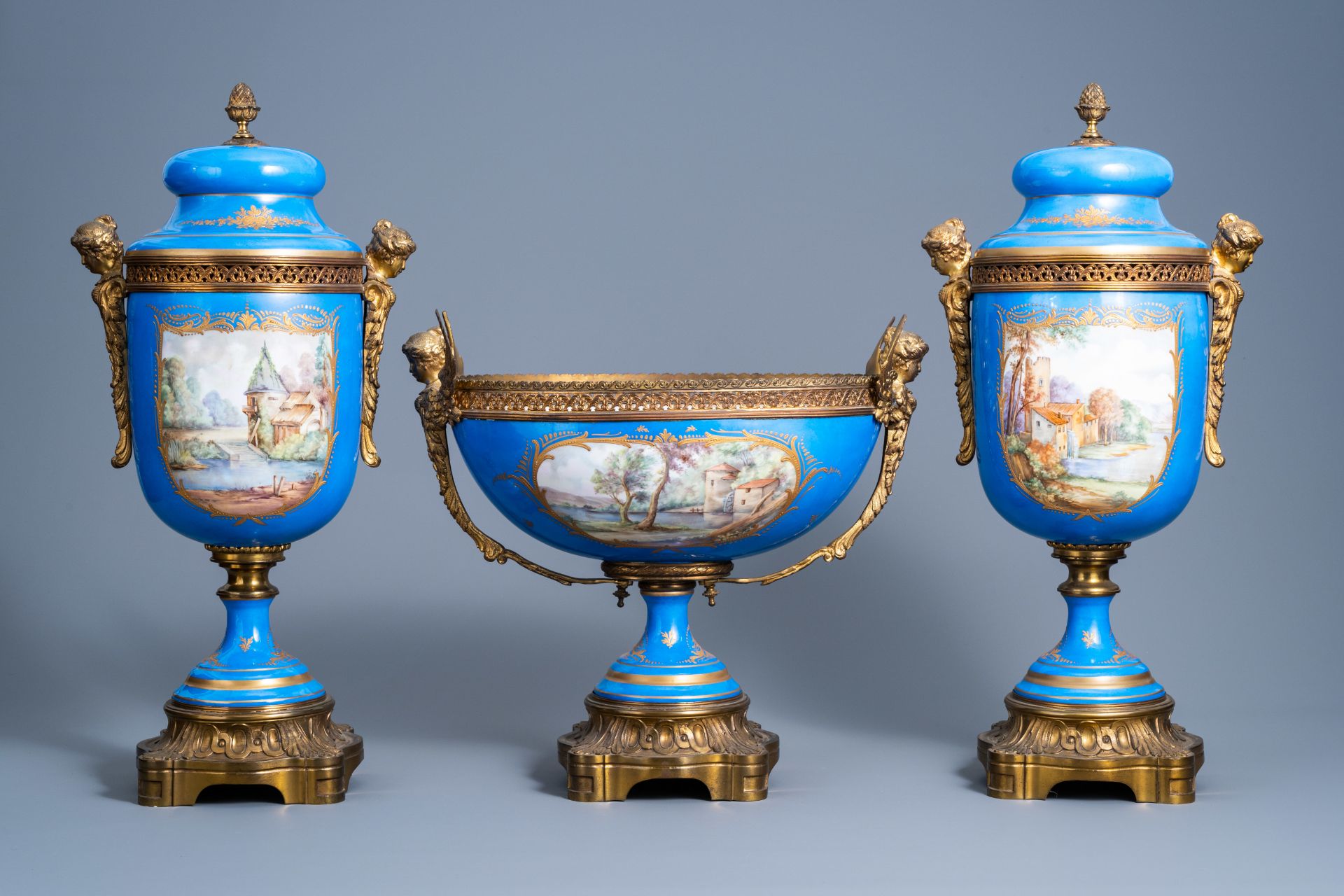 A French gilt bronze mounted 'bleu celeste' ground three-piece garniture with gallant scenes by Lepa - Image 2 of 18