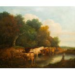 Dutch school, follower of Albert Cuyp (1620-1691): Cattle at a drinking place, oil on canvas, 19th C