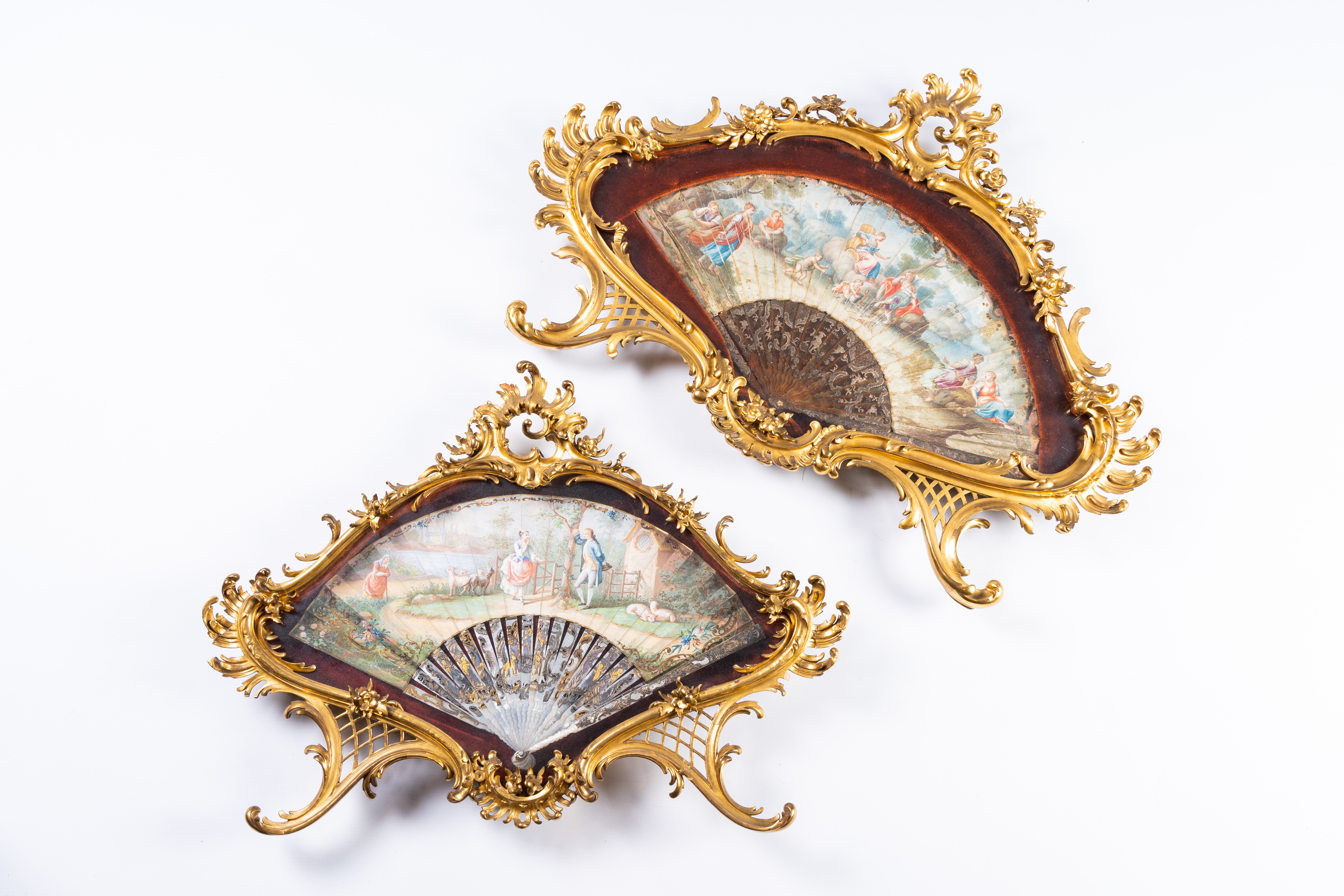 Two finely finished and painted mother-of-pearl, tortoiseshell and silk fans with a gallant scene an - Image 2 of 13