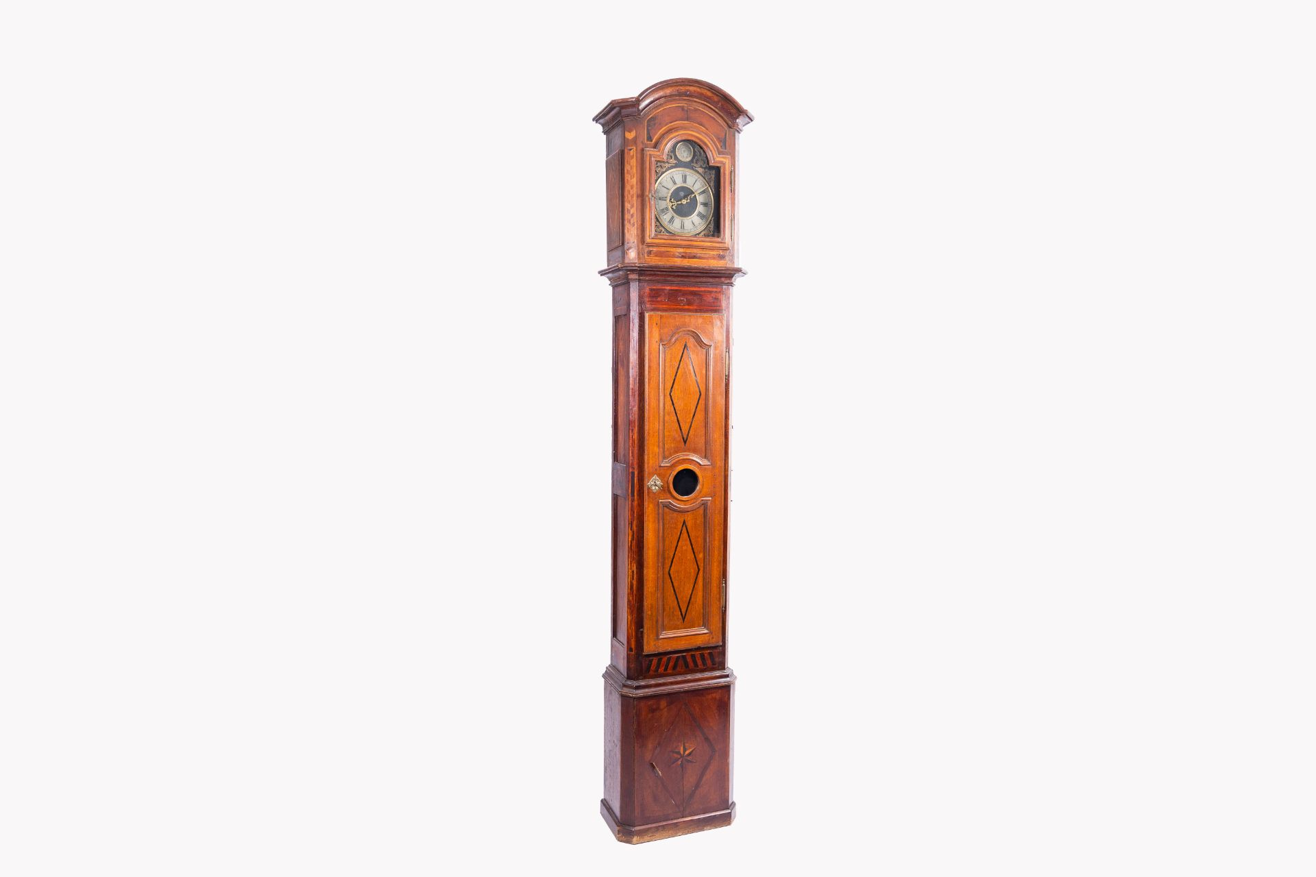 A large French wood longcase clock with various wood inlays, 19th C. - Image 2 of 11
