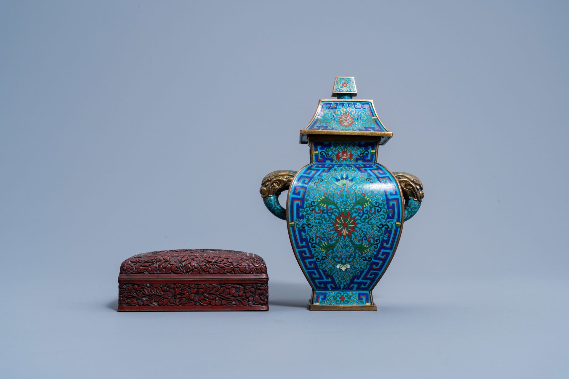 A Chinese red lacquer box and cover with an animated landscape and a cloisonnŽ vase and cover and di - Image 7 of 10