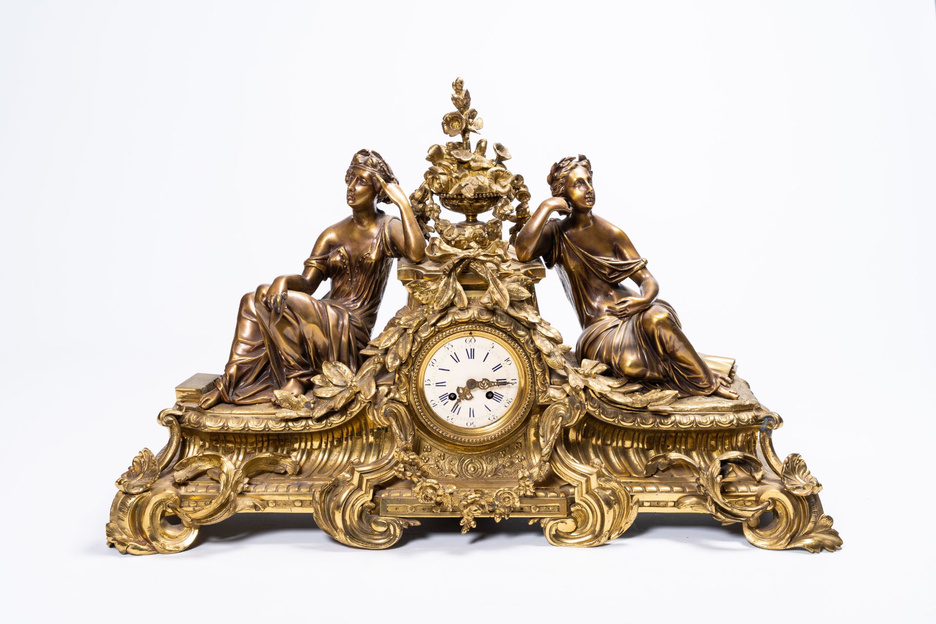 A large French gilt brass mantel clock depicting science, 19th/20th C. - Image 2 of 9