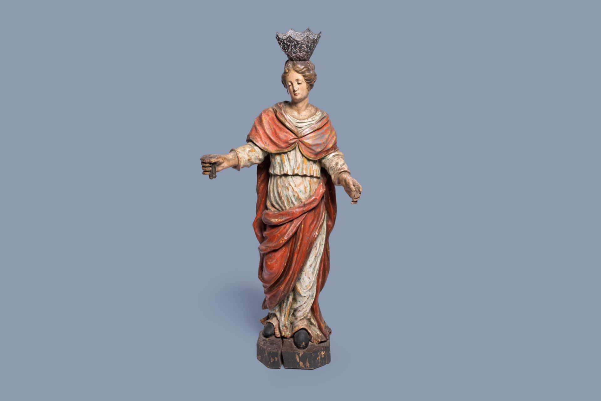 A large Southern European polychrome painted wood figure of Saint Catherine of Alexandria, 18th C.