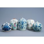 Five various Chinese famille rose and blue and white on celadon ground jars and covers, 19th/20th C.
