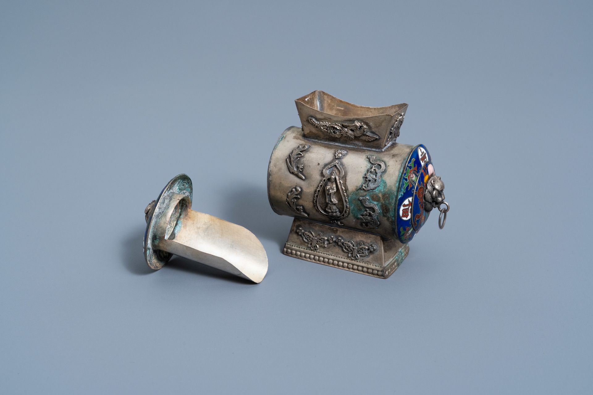 A Chinese partly enamelled silvered censer, 20th C. - Image 2 of 11