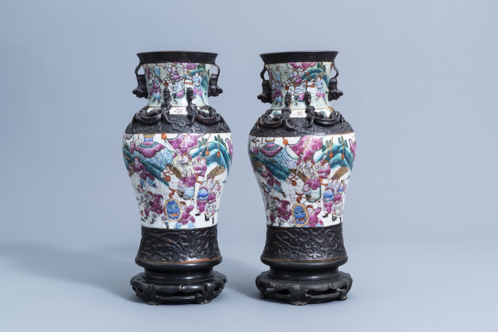 A pair of Chinese Nanking crackle glazed famille rose vases with warrior scenes on bronze lotus shap - Image 3 of 11