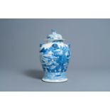 A Chinese blue and white vase and cover with an animated river landscape all around, Chenghua mark,