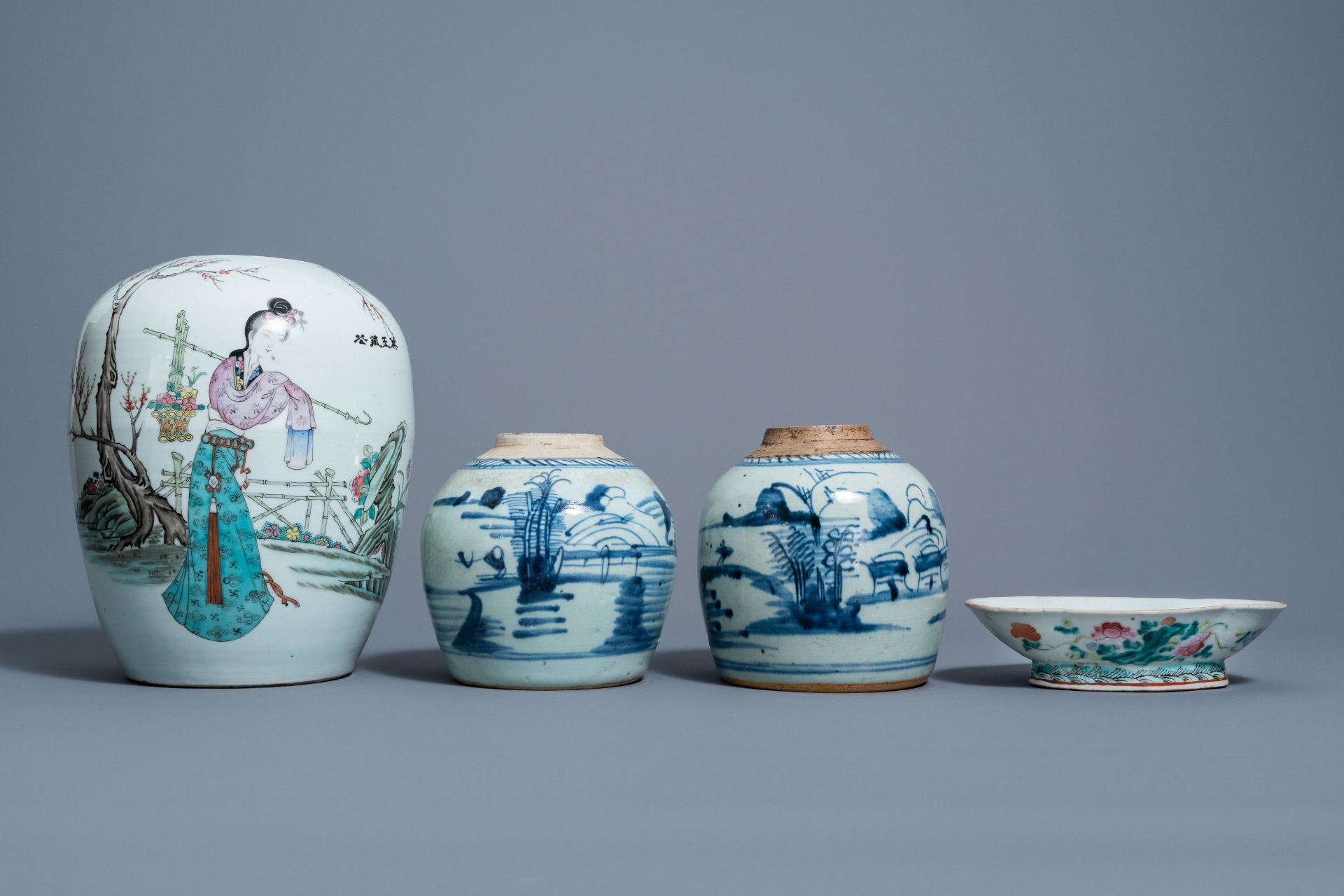 Two Chinese blue and white jars with landscapes, a famille rose ginger jar and a lobed bowl with flo - Image 2 of 7