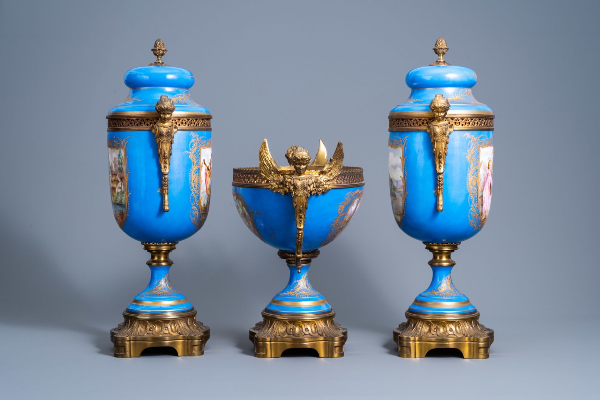 A French gilt bronze mounted 'bleu celeste' ground three-piece garniture with gallant scenes by Lepa - Image 3 of 18