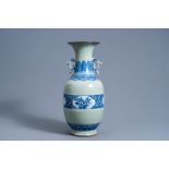 A Chinese blue and white celadon ground vase with floral design, 19th C.