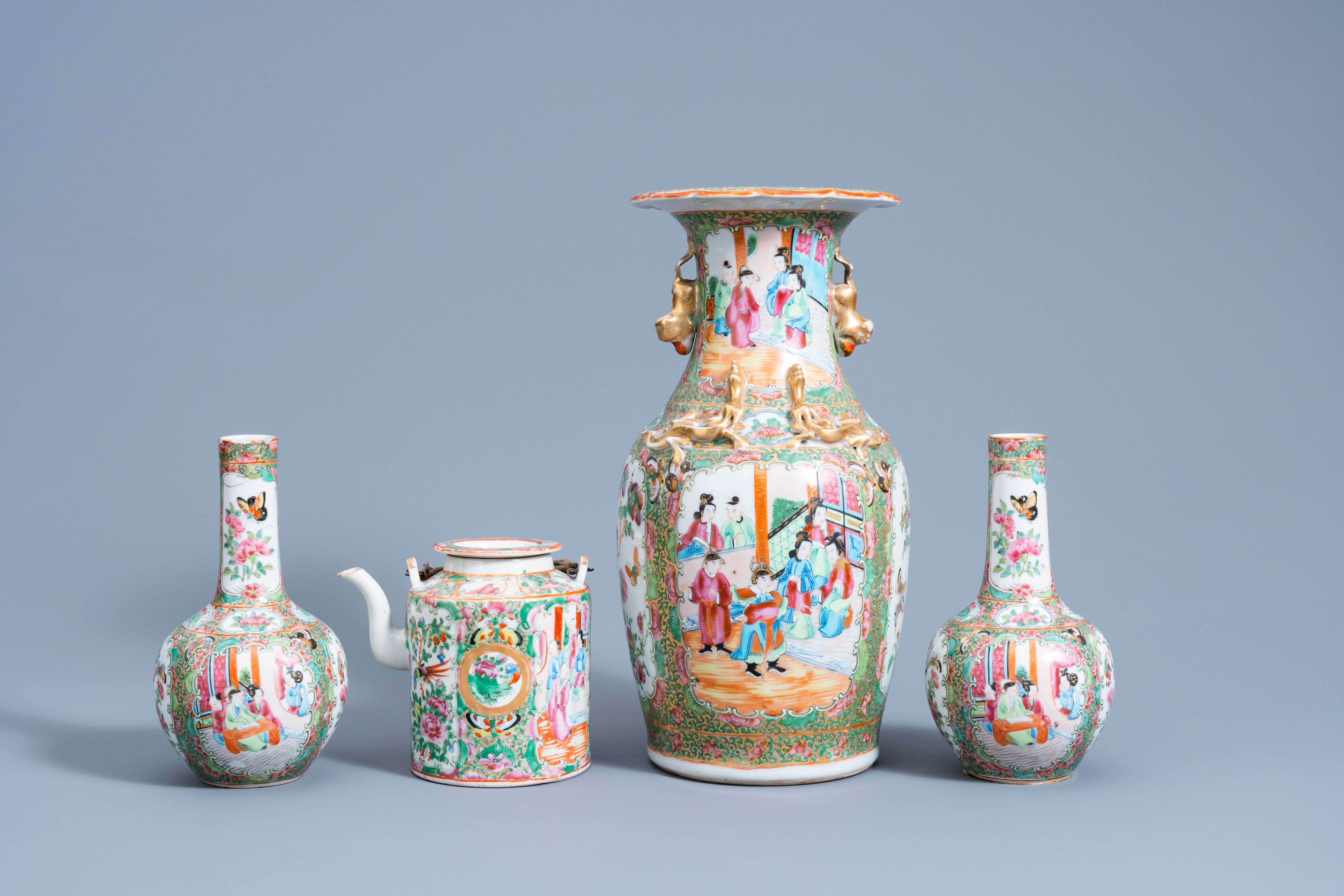 Eight Chinese Canton famille rose vases and a teapot and cover, 19th C. - Image 2 of 16