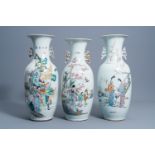 Three various Chinese famille rose vases with figures in a landscape, 19th/20th C.