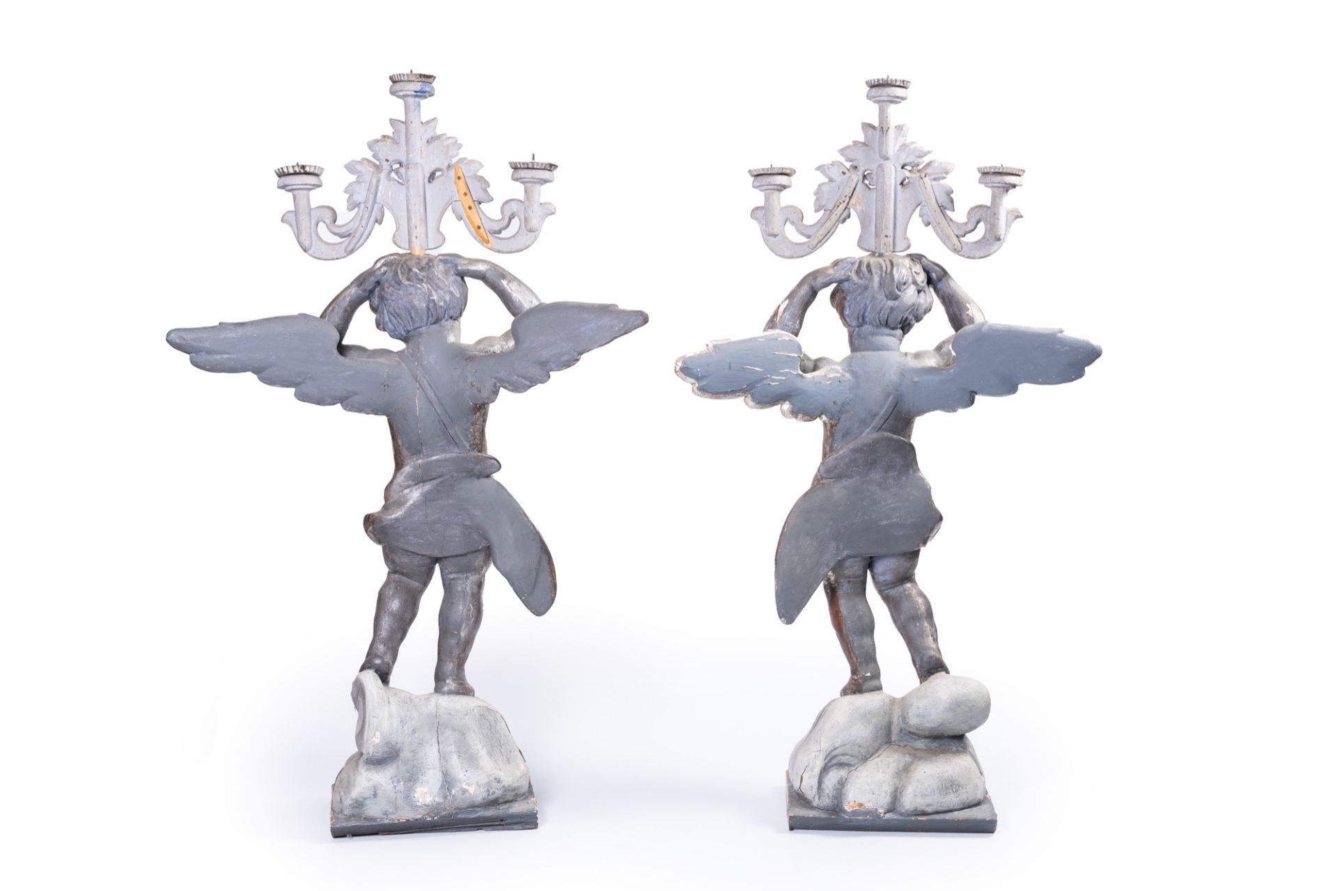 A pair of imposing Italian carved, polychrome painted and silver-plated wood angel shaped candlestic - Image 5 of 17