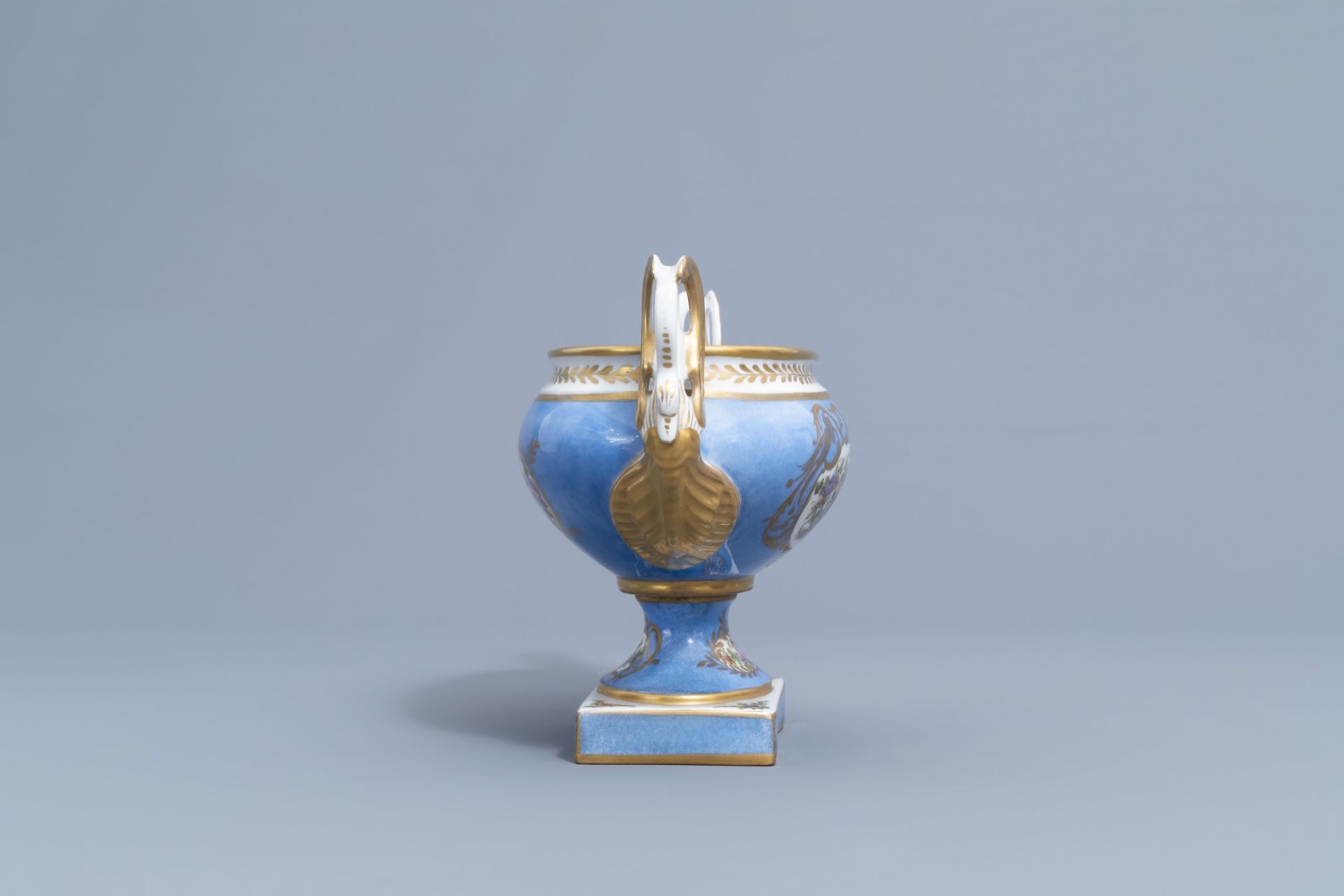 A pair of French gold layered 'bleu celeste' ground vases and covers in the Svres manner and an Emp - Image 12 of 14