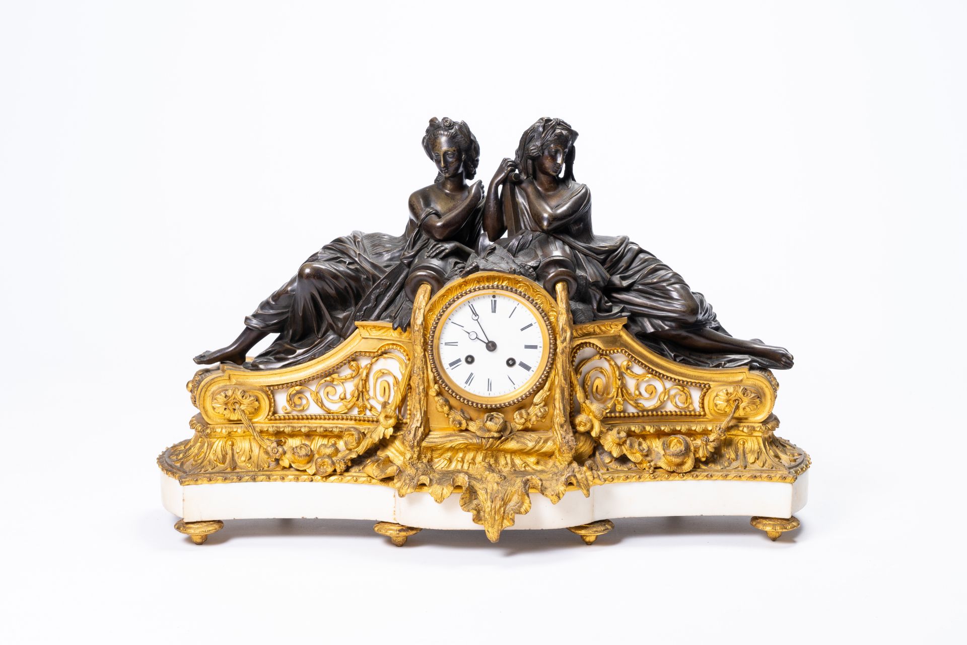 A French gilt and patinated bronze and white marble mantel clock with the sources of life, 19th C. - Image 2 of 13