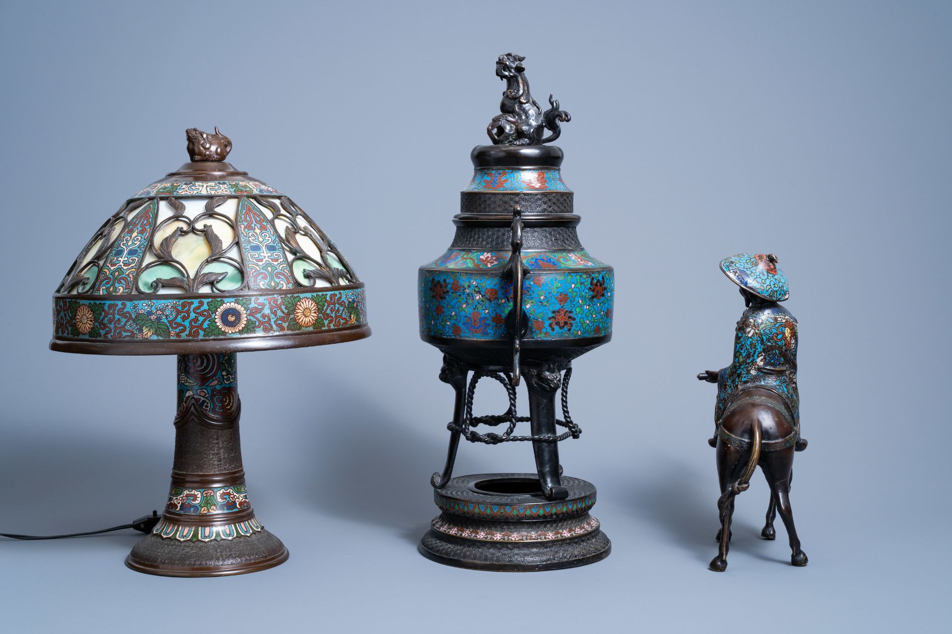 A Japanese champlevŽ enamel and bronze incense burner, a group with Toba on his mule and a table lam - Image 3 of 12