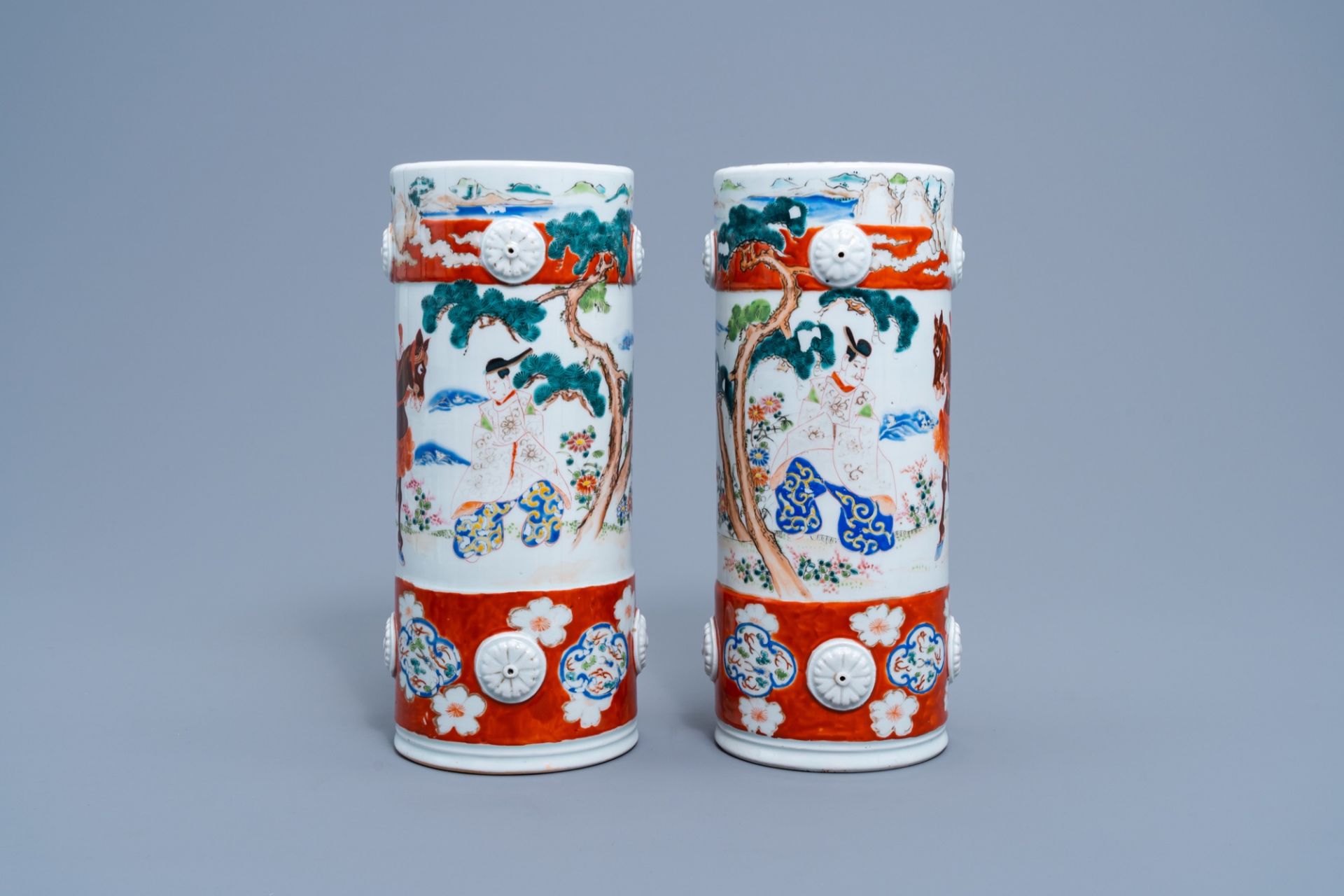 A pair of Japanese polychrome hat stand stands with figurative design all around, marked Fukagawa, M - Image 4 of 8