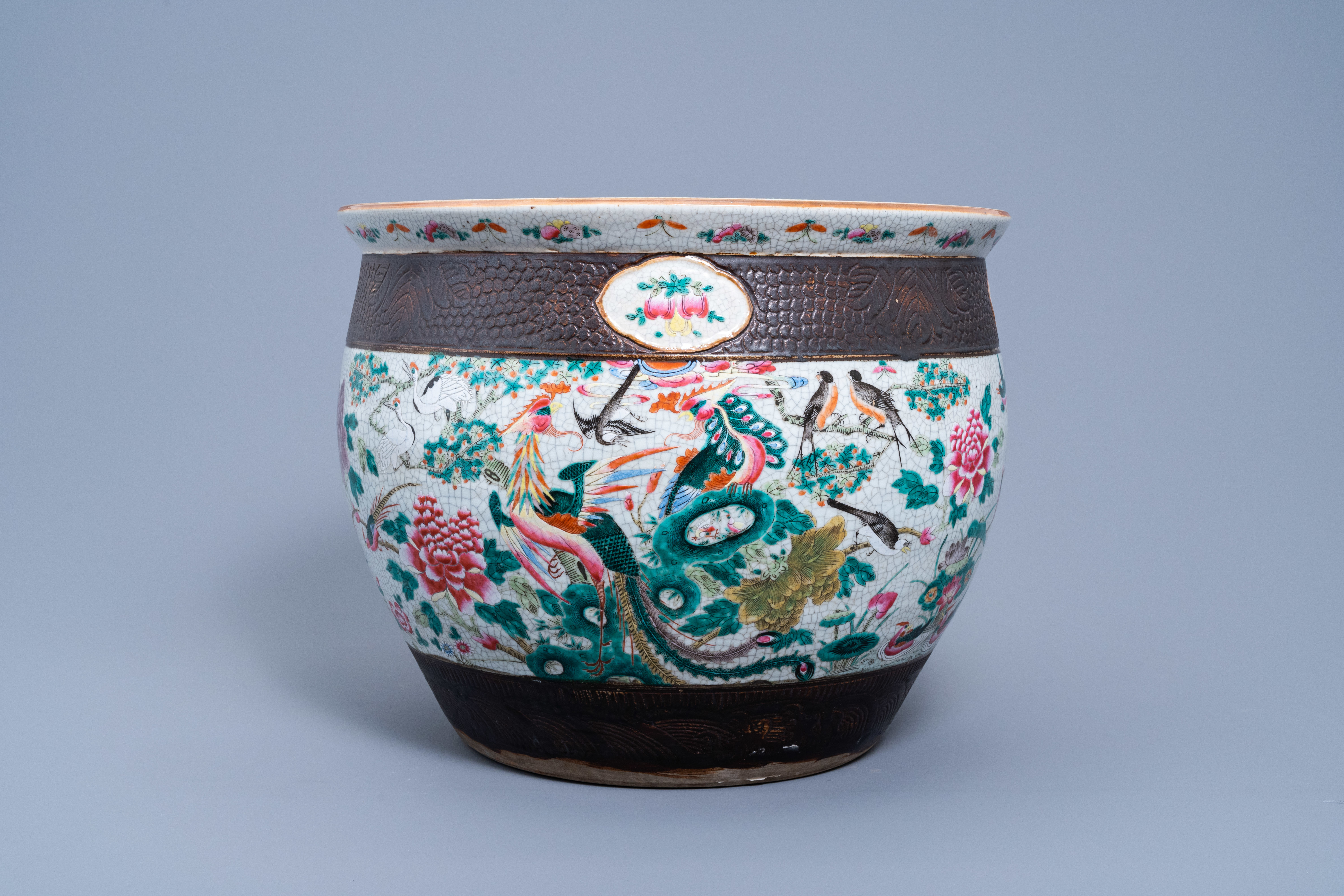 A Chinese Nanking crackle glazed famille rose jardinire with birds among blossoming branches, 19th - Image 2 of 10