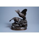 Alfred Barye (1839-1882): Partridges protect their offspring against a snake, brown patinated bronze