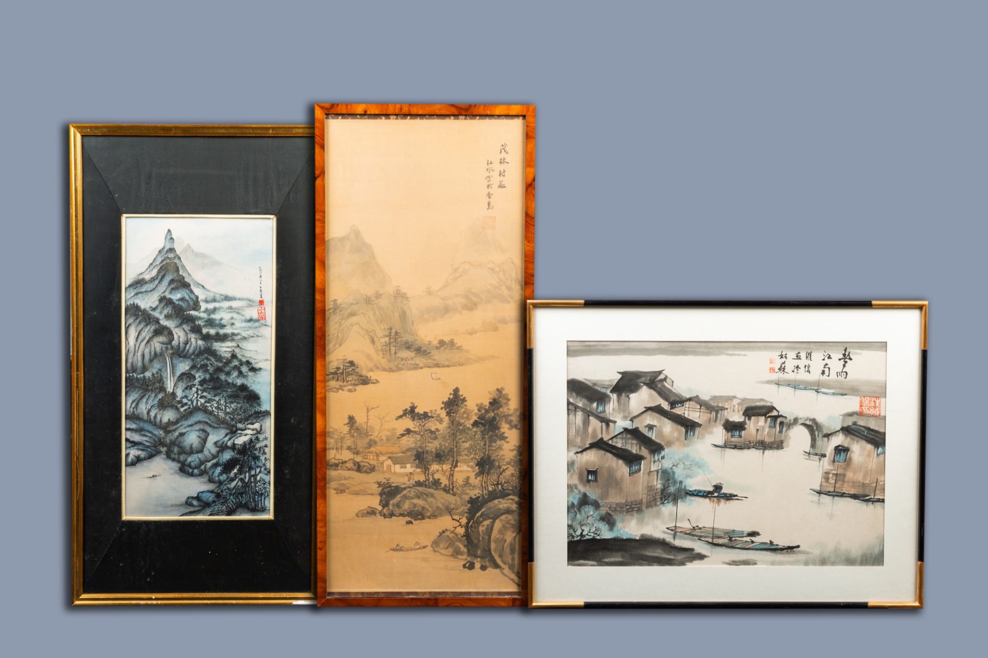 Chinese school: Three river landscapes, ink and colours on paper and silk, 20th C.