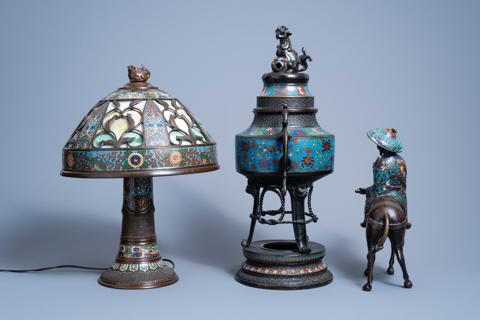 A Japanese champlevŽ enamel and bronze incense burner, a group with Toba on his mule and a table lam - Image 7 of 12