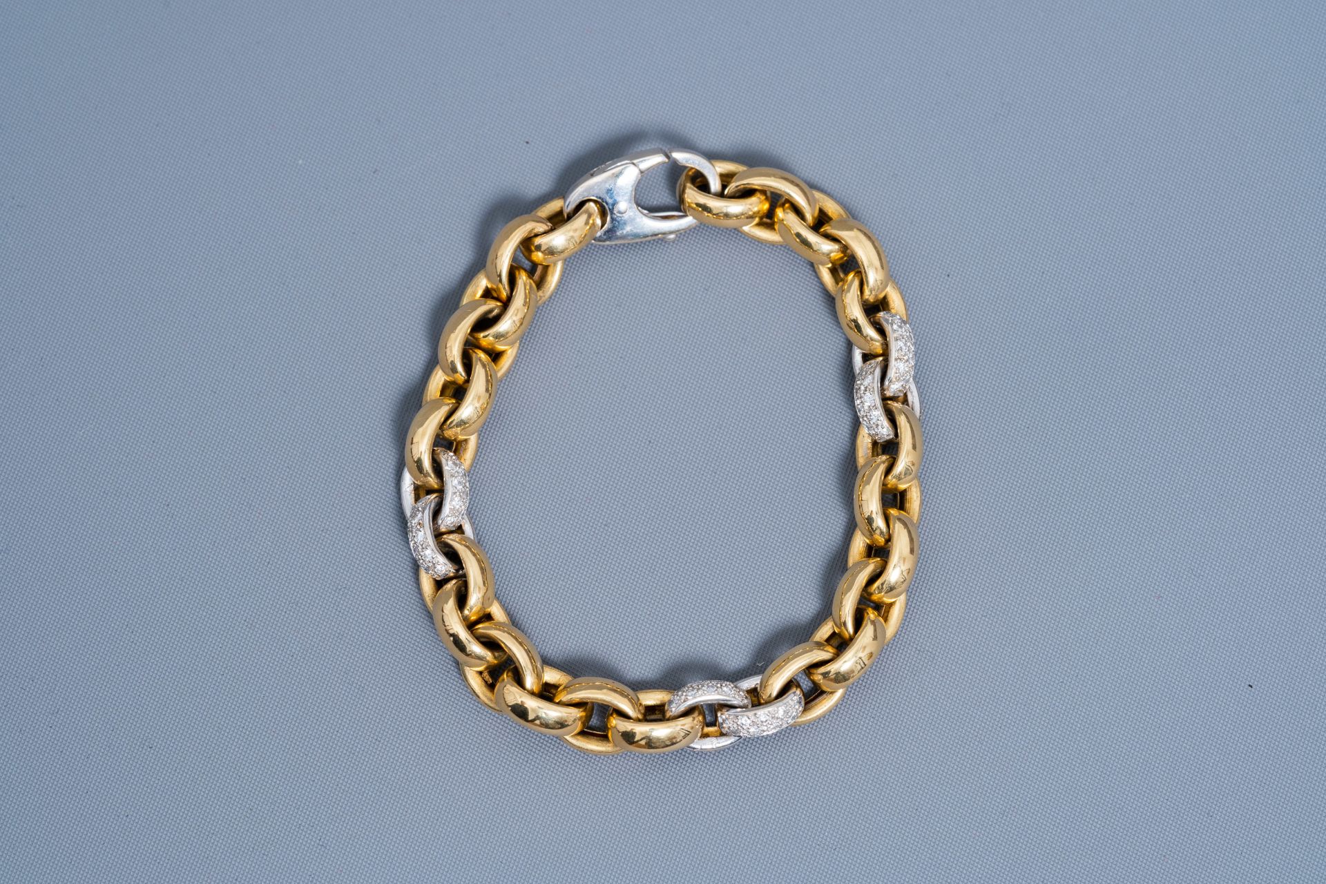 An 18 carat yellow and white gold bracelet set with 108 diamonds, 20th C. - Image 2 of 5