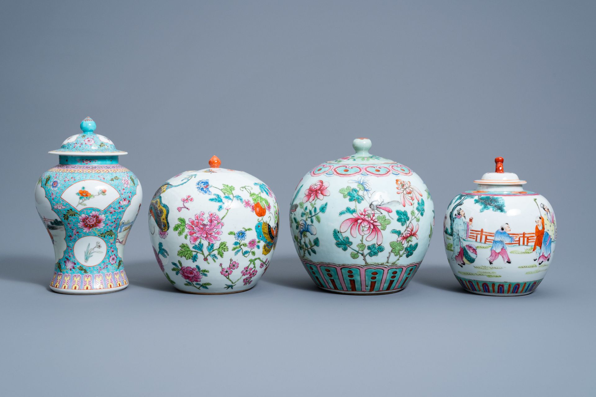 Four various Chinese famille rose jars and vases and covers with insects among blossoming branches a - Image 3 of 9