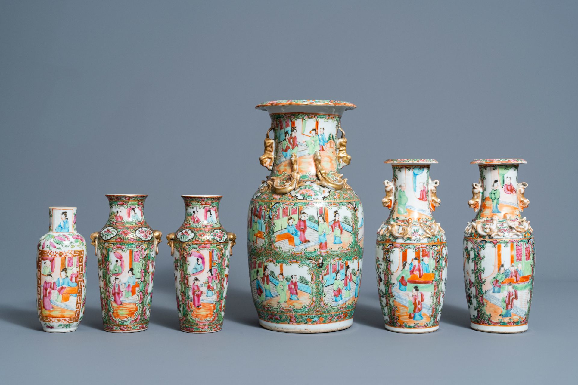 Six Chinese Canton famille rose vases, a jar and cover and a cream jug, 19th C. - Image 4 of 13