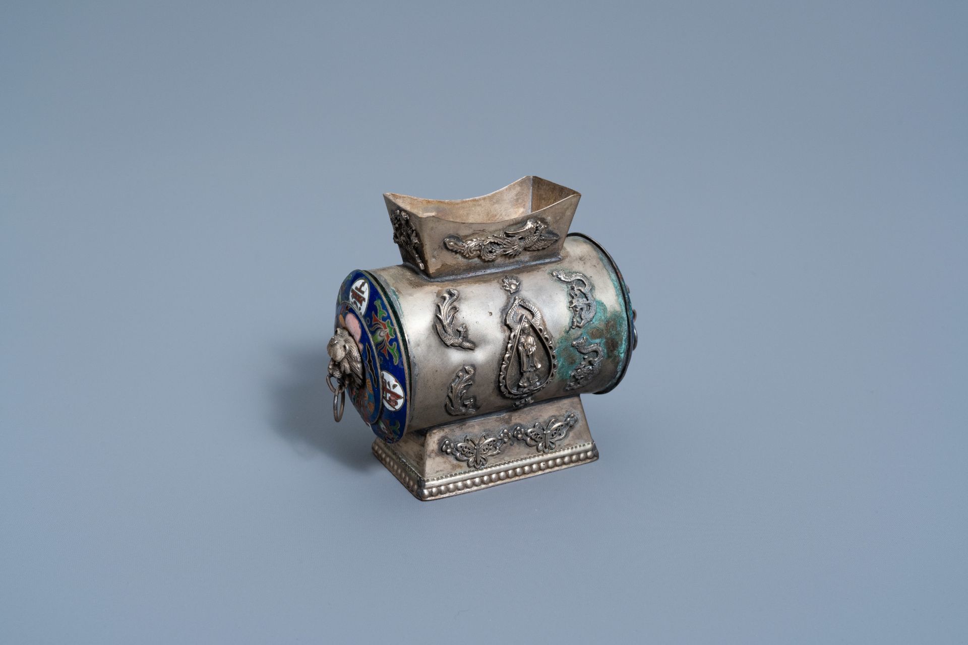A Chinese partly enamelled silvered censer, 20th C.