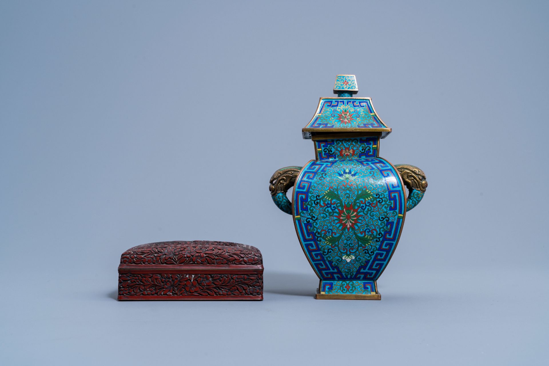 A Chinese red lacquer box and cover with an animated landscape and a cloisonnŽ vase and cover and di - Image 5 of 10