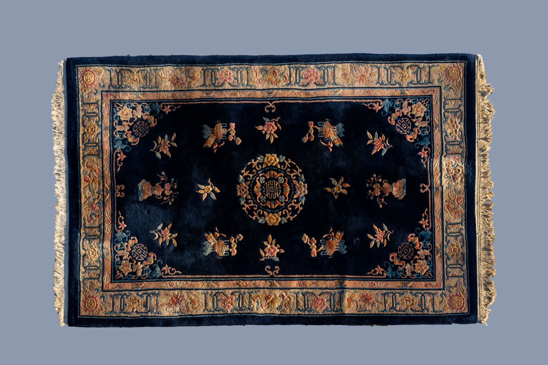 Two Chinese woolen 'Beijing' carpets with antiquities design, 20th C. - Image 5 of 7