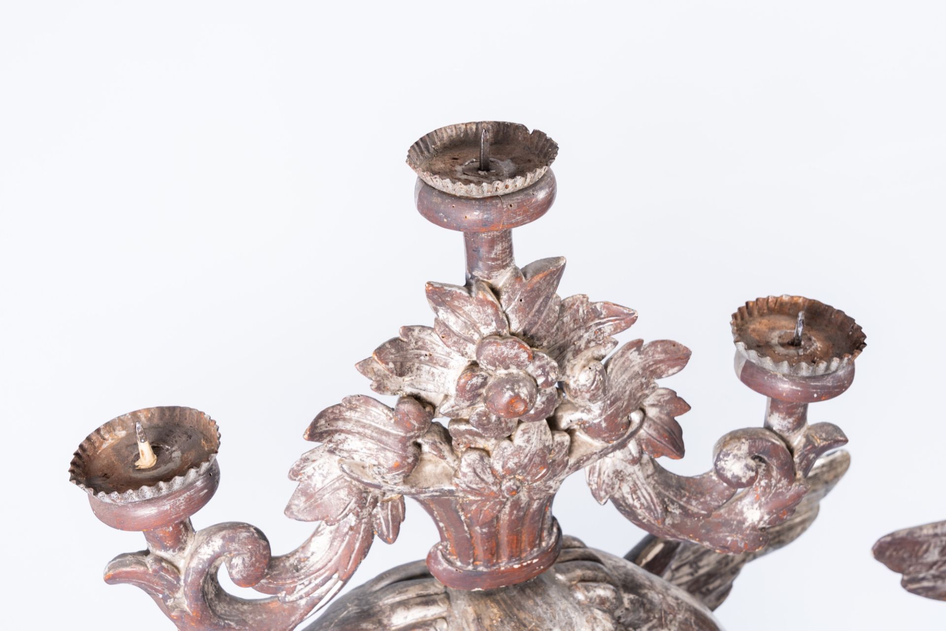 A pair of imposing Italian carved, polychrome painted and silver-plated wood angel shaped candlestic - Image 7 of 17