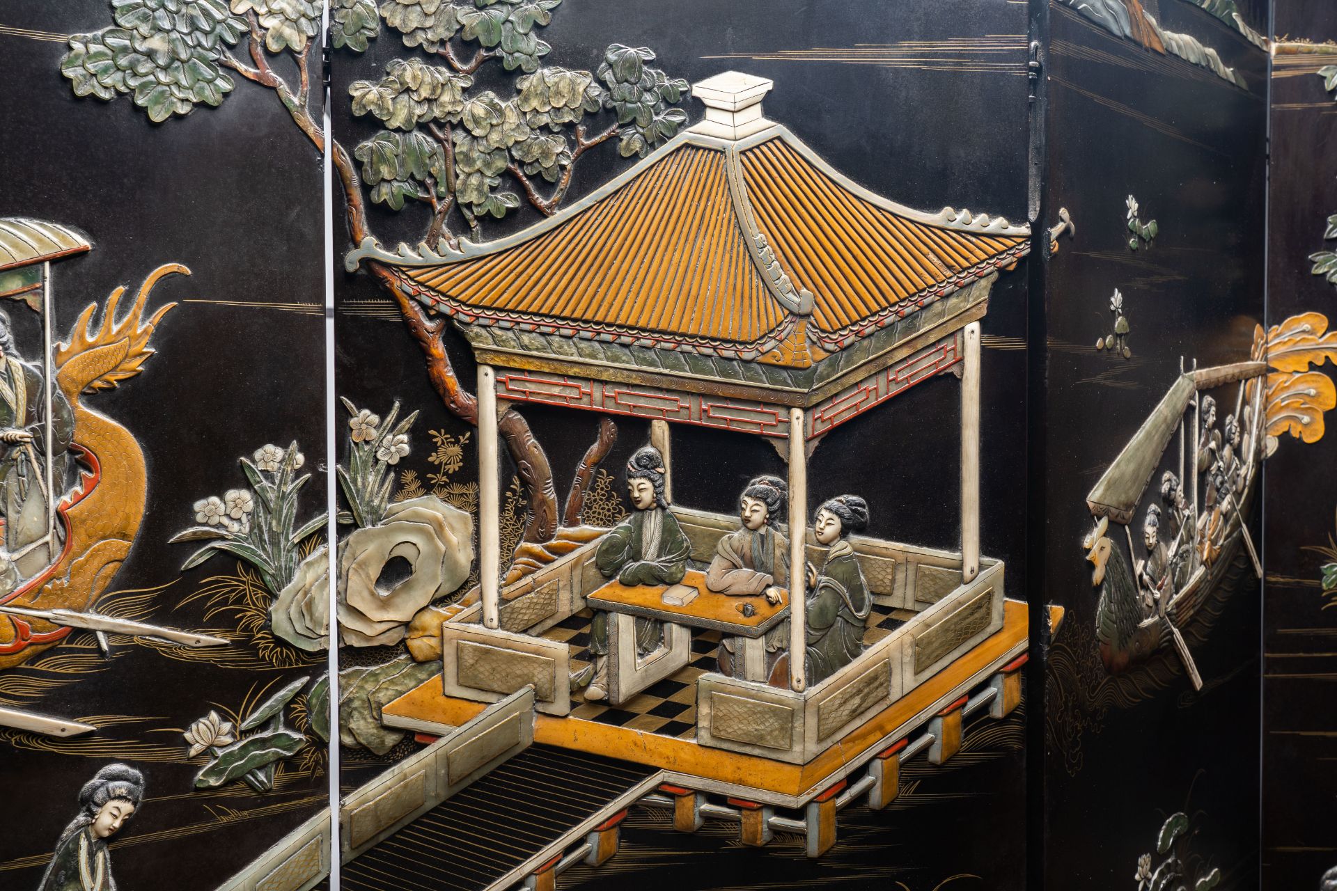 A Chinese six-part folding screen inlaid with bone, mother-of-pearl and various semi-precious stones - Image 7 of 14