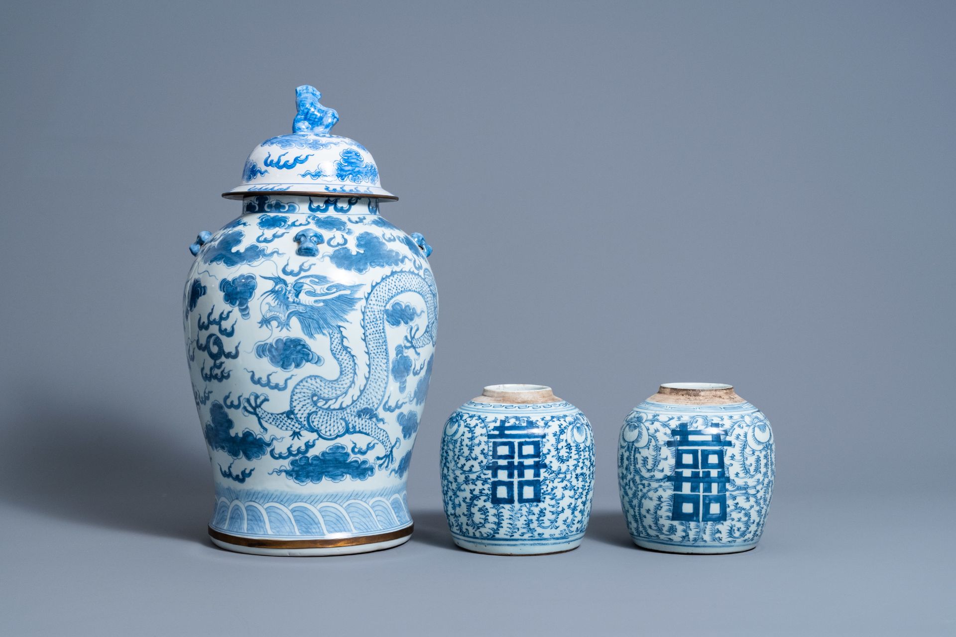 Two Chinese blue and white 'Xi' jars and covers and a 'dragons chasing the pearl' vase and cover, 19 - Image 4 of 9