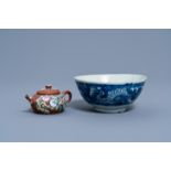 A Chinese blue and white 'dragons' bowl and a Yixing enamel teapot with floral design, Ming and 19th