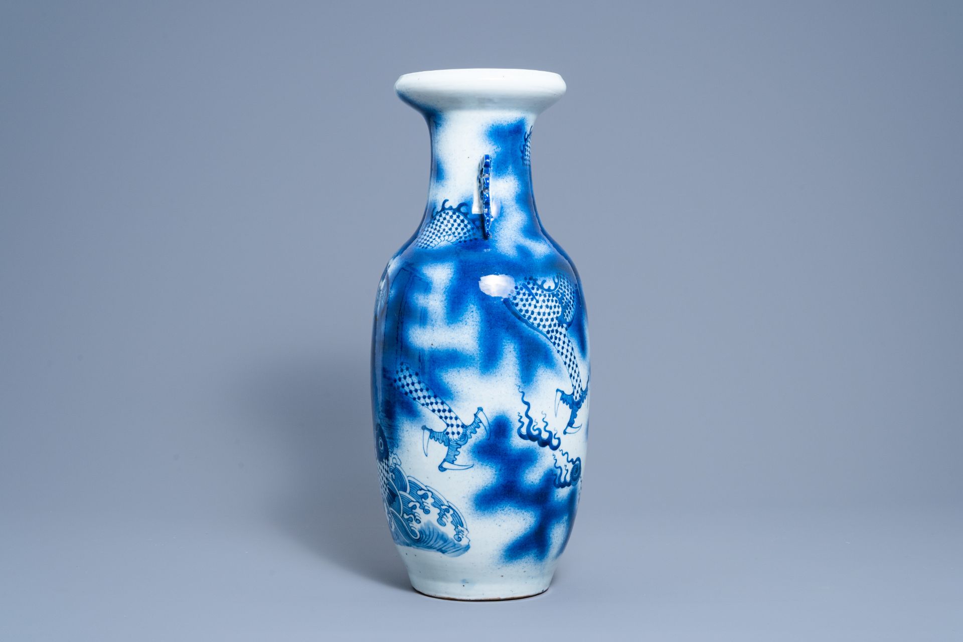 A Chinese blue and white 'dragon and carp' vase, 19th C. - Image 2 of 6