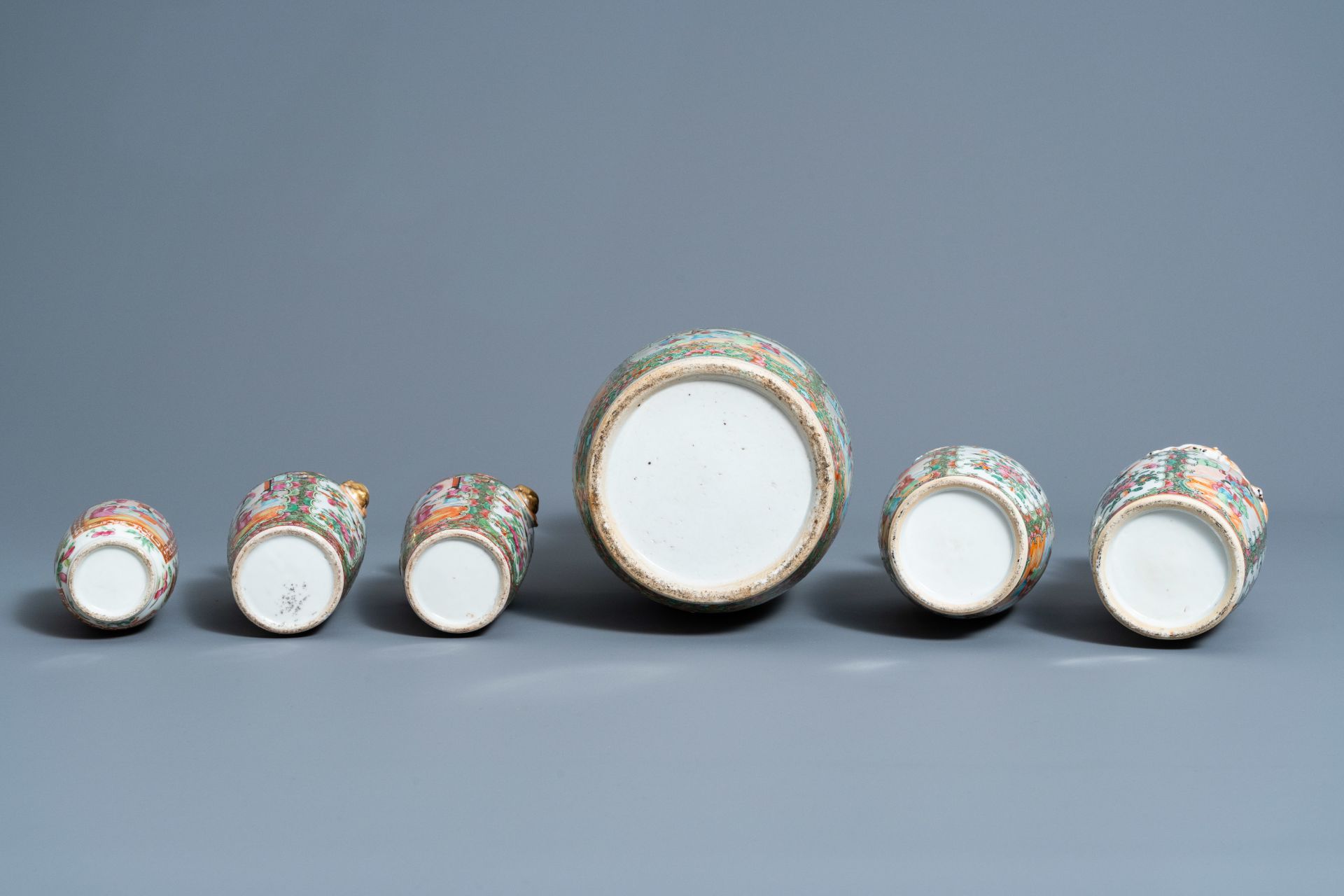 Six Chinese Canton famille rose vases, a jar and cover and a cream jug, 19th C. - Image 7 of 13